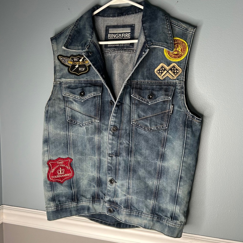 Ring of Fire Mens Denim Vest‎ Patches Motorcycle Club Racing Large streetwear